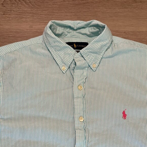 Ralph Lauren‎ Mens Seersucker Teal Stripe Size L Button Down Preppy - Picture 1 of 7